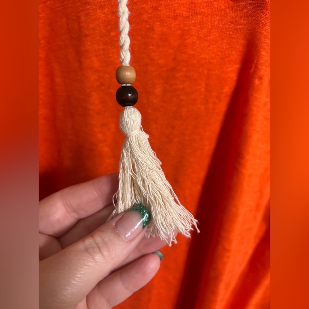 SIGRID OLSEN Orange Slub Knit 100% Linen V-Neck Tassel Tie Hoodie Top Size Large - Picture 3 of 8